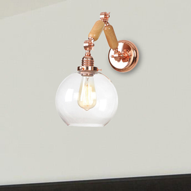 Sikunuo | 1 Bulb Globe Wall Mounted Light Fixture Rustic Rose Gold Clear Glass Lighting with Retractable Arm