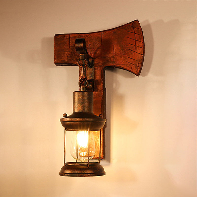 Sikunuo | Rust One-Light Wall Light Coastal Clear Glass Lantern Lighting Fixture with Wood Back Plate