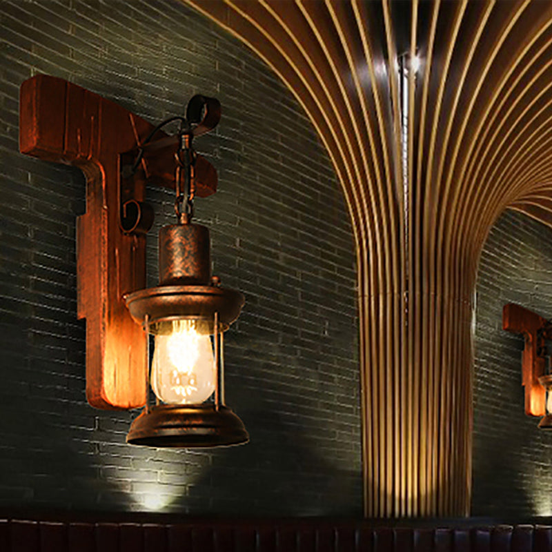 Sikunuo | Rust One-Light Wall Light Coastal Clear Glass Lantern Lighting Fixture with Wood Back Plate