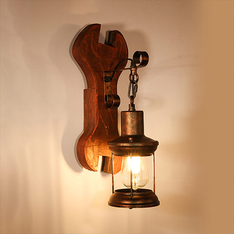 Sikunuo | Rust One-Light Wall Light Coastal Clear Glass Lantern Lighting Fixture with Wood Back Plate