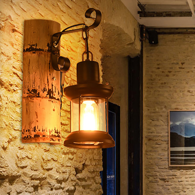 Sikunuo | A wall lamp with a clear glass lantern in industrial style, wall lamp for the dining room in black with a bamboo backplate