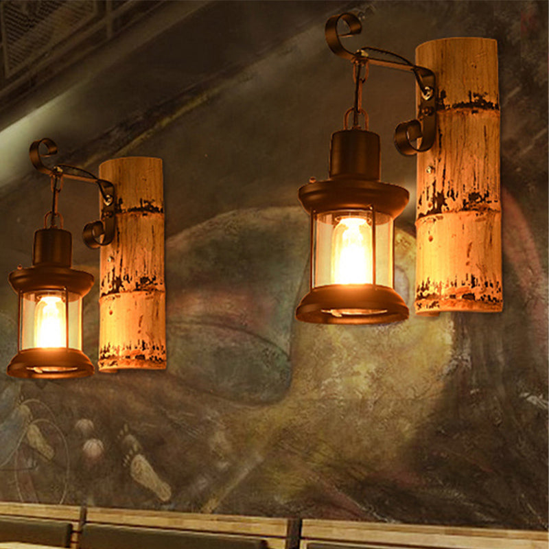Sikunuo | A wall lamp with a clear glass lantern in industrial style, wall lamp for the dining room in black with a bamboo backplate