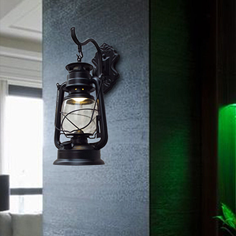 Sikunuo | Clear Glass Black/Antique Brass Wall Lamp Lantern 1-Light Coastal Light for Veranda
