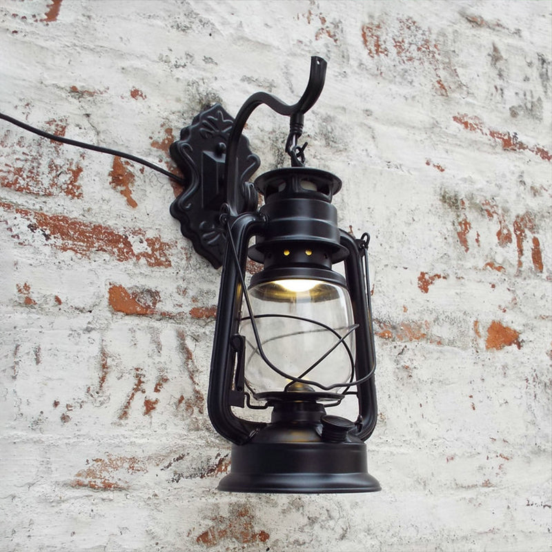 Sikunuo | Clear Glass Black/Antique Brass Wall Lamp Lantern 1-Light Coastal Light for Veranda