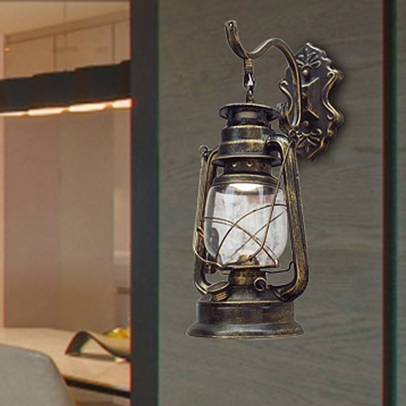 Sikunuo | Clear Glass Black/Antique Brass Wall Lamp Lantern 1-Light Coastal Light for Veranda