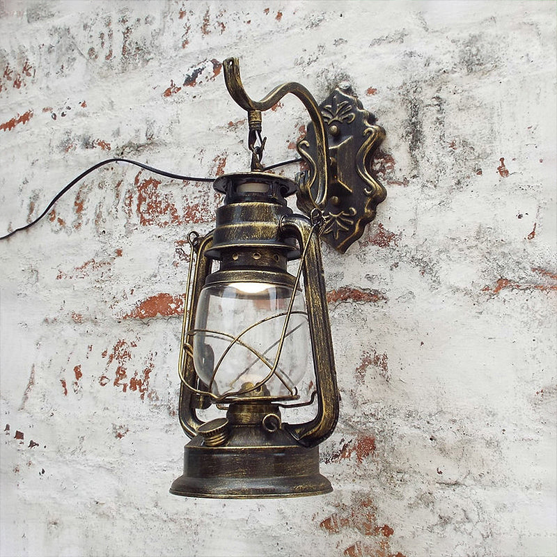 Sikunuo | Clear Glass Black/Antique Brass Wall Lamp Lantern 1-Light Coastal Light for Veranda