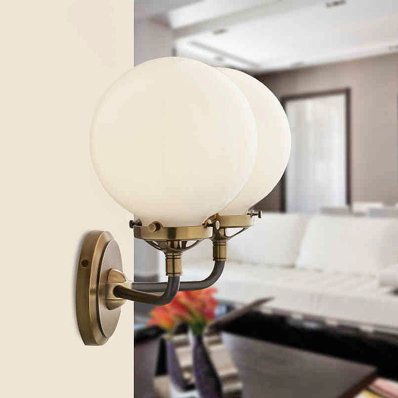 Sikunuo | Modern Globe Shade Wall Lamp Fixture 1/2-Bulb Opal Glass Sconce Light in Antique Brass/Chrome
