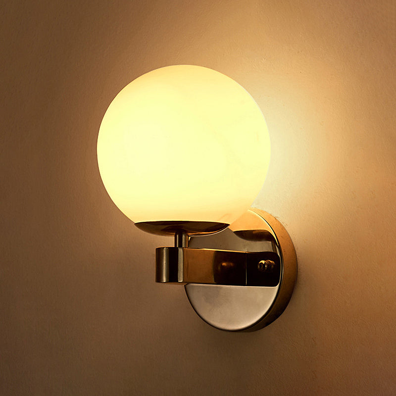 Sikunuo | Chrome/Gold Round Wall Light Industrial Opal Glass 1 Light Bedroom Wall Lamp Fixture