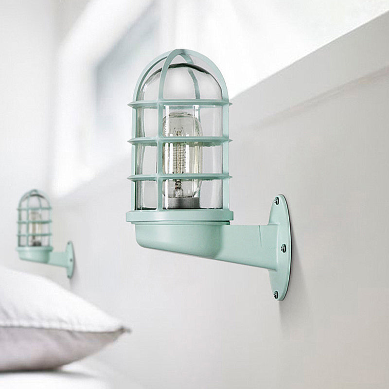 Sikunuo | Cylinder Clear Glass Wall Mounted Lamp Industrial Single Bulb Living Room Wall Light in Pink/Blue/Green with Cage