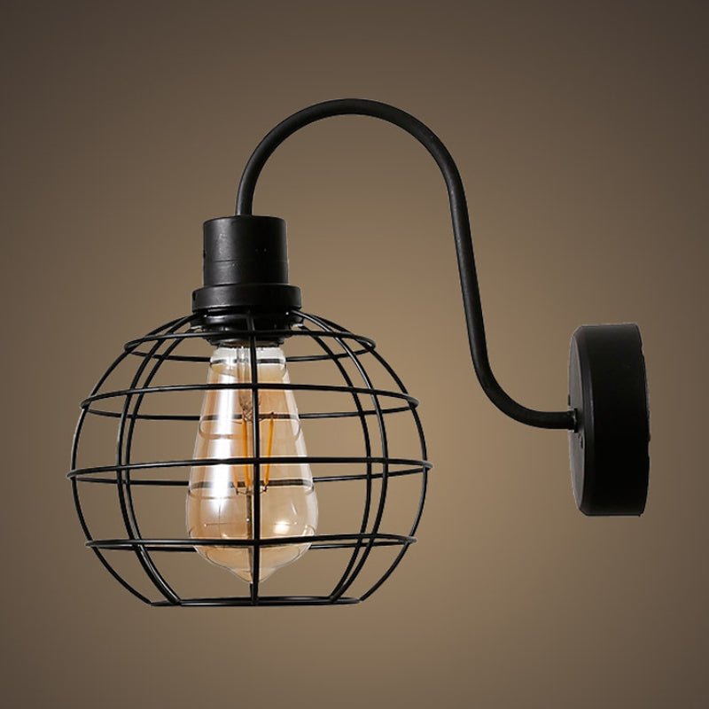 Sikunuo | 1 Bulb Wall Light Retro Style Wire Global Cage Metal Wall Light in Black for Living Room