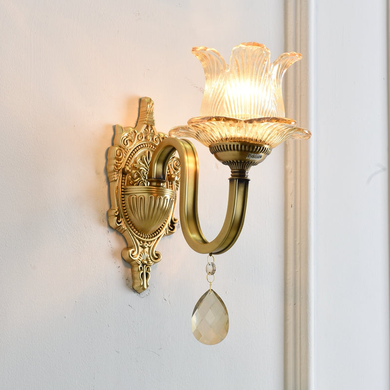 Sikunuo | Flower decor wall light fixture modernism prism glass 1/2 heads brass wall lamp
