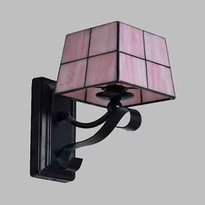 Sikunuo | Pink/Blue/Beige Square Wall Lamp Tiffany Style Colored Glass 1 Light Wall Mount Fixture for Bedroom