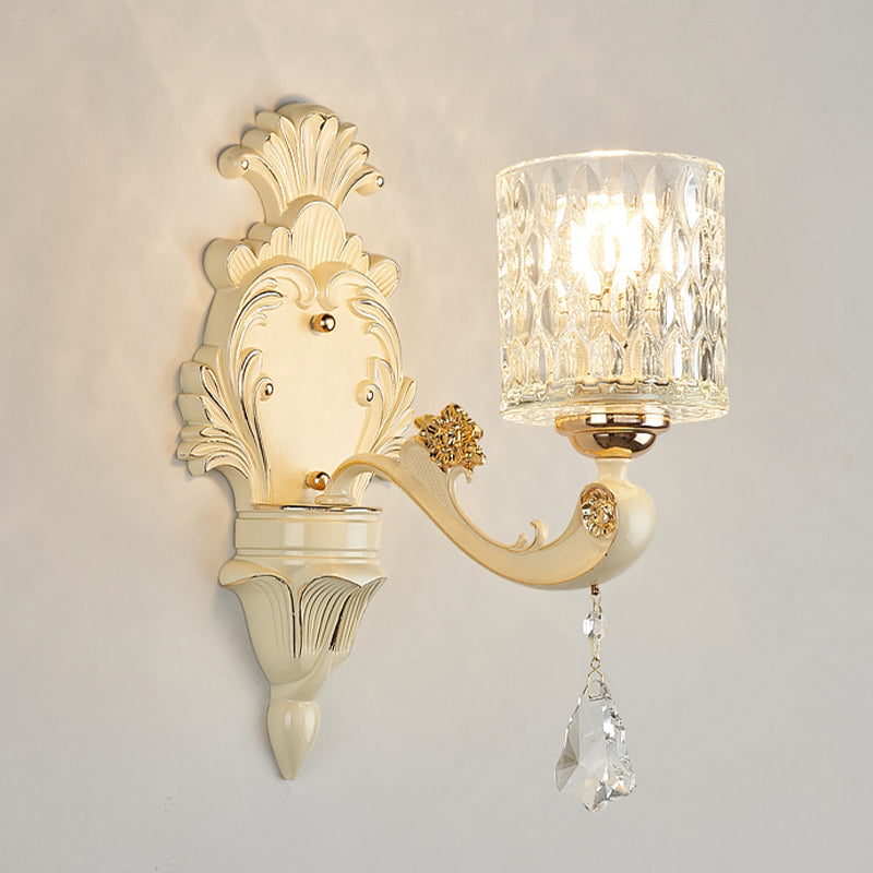 Sikunuo | Cylinder Wall Light Modern Clear Dimpled Glass 1/2 Heads Gold Wall Mounted Light with Crystal Drops
