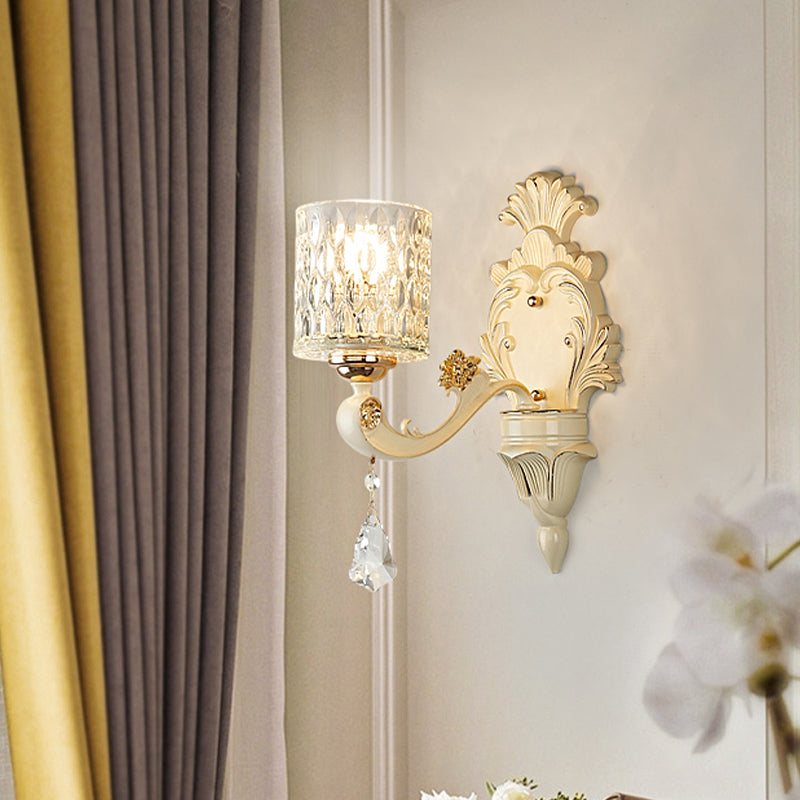 Sikunuo | Cylinder Wall Light Modern Clear Dimpled Glass 1/2 Heads Gold Wall Mounted Light with Crystal Drops