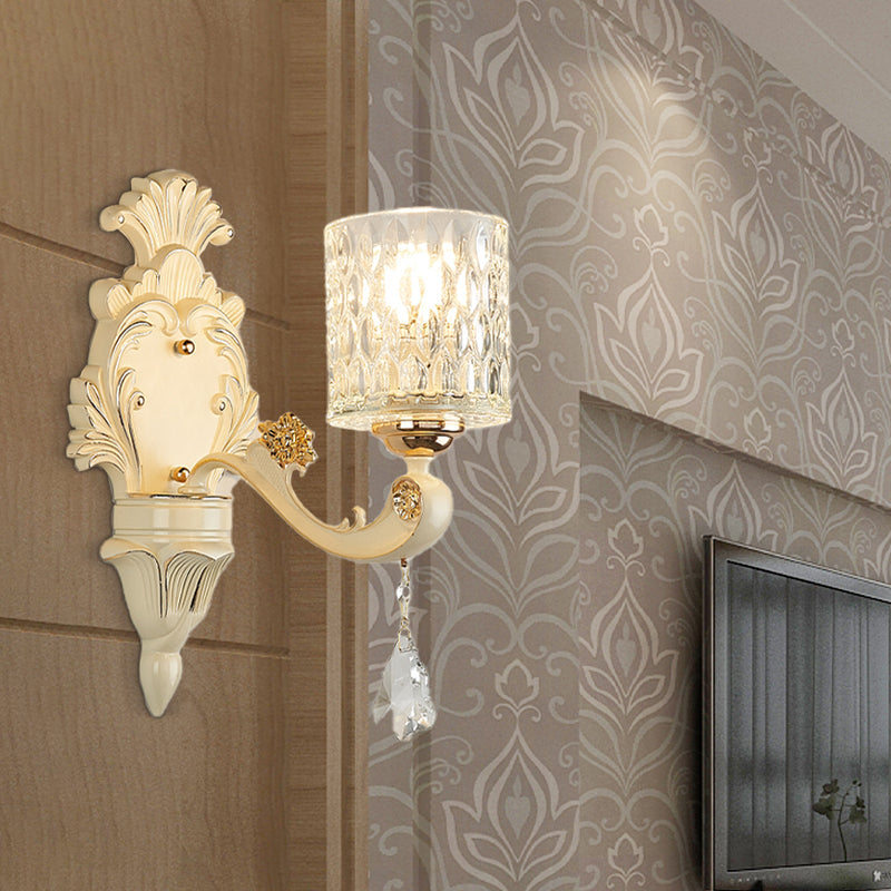 Sikunuo | Cylinder Wall Light Modern Clear Dimpled Glass 1/2 Heads Gold Wall Mounted Light with Crystal Drops