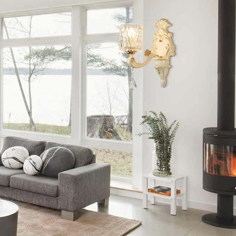 Sikunuo | Cylinder Wall Light Modern Clear Dimpled Glass 1/2 Heads Gold Wall Mounted Light with Crystal Drops