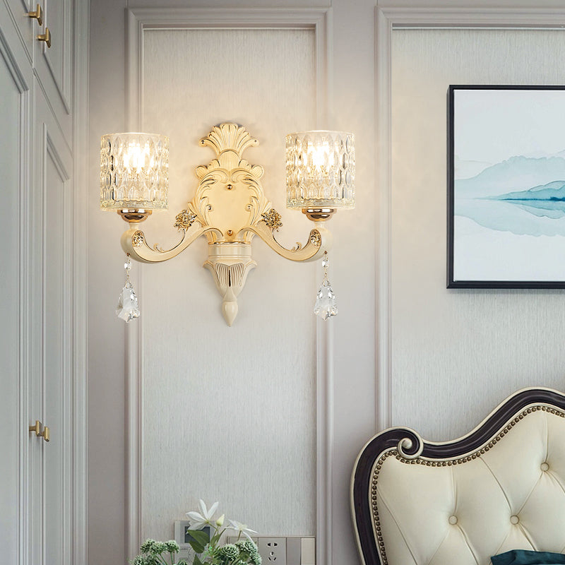 Sikunuo | Cylinder Wall Light Modern Clear Dimpled Glass 1/2 Heads Gold Wall Mounted Light with Crystal Drops