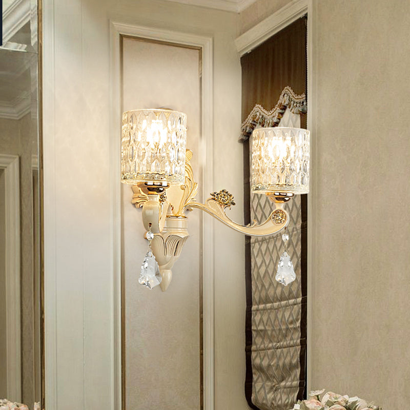 Sikunuo | Cylinder Wall Light Modern Clear Dimpled Glass 1/2 Heads Gold Wall Mounted Light with Crystal Drops