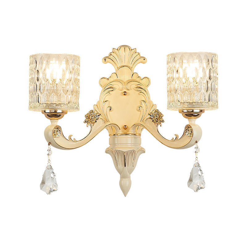 Sikunuo | Cylinder Wall Light Modern Clear Dimpled Glass 1/2 Heads Gold Wall Mounted Light with Crystal Drops