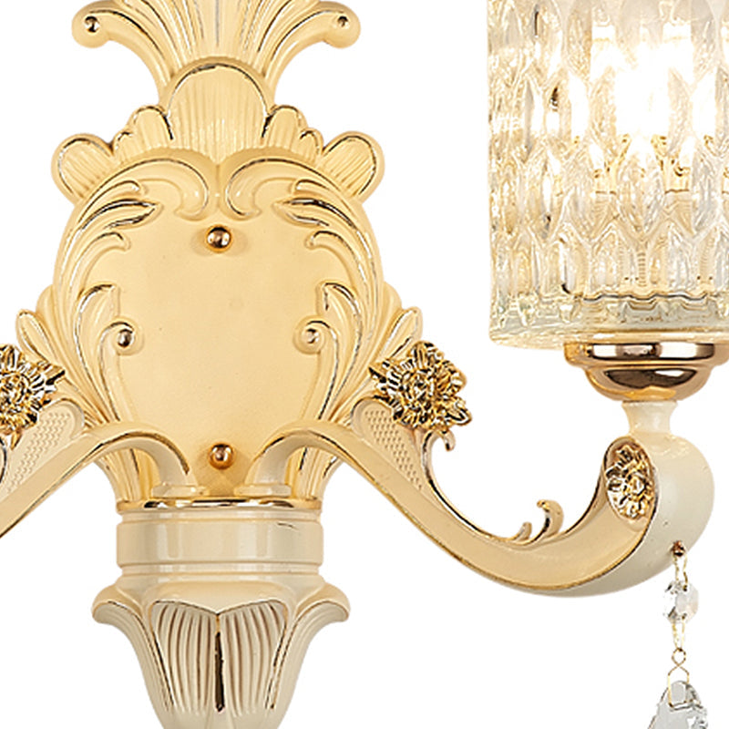 Sikunuo | Cylinder Wall Light Modern Clear Dimpled Glass 1/2 Heads Gold Wall Mounted Light with Crystal Drops