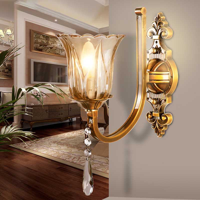 Sikunuo | Cognac Glass Flower Wall Mounted Light Vintage 1/2 Heads Brass Wall Light with Crystal Drops