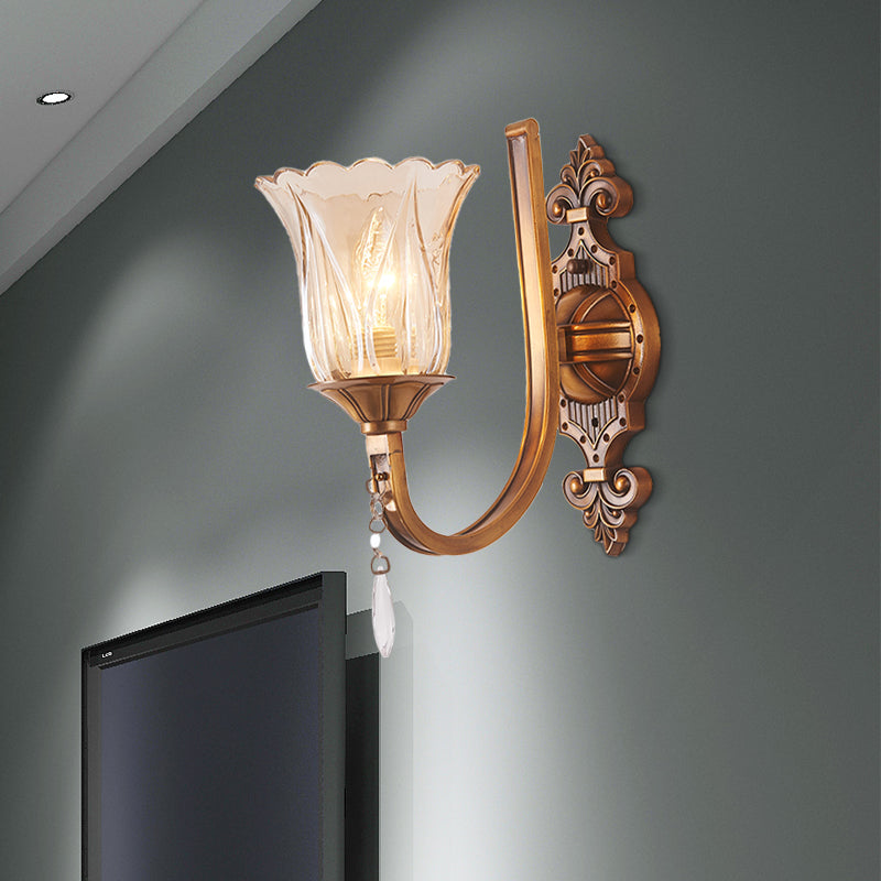 Sikunuo | Cognac Glass Flower Wall Mounted Light Vintage 1/2 Heads Brass Wall Light with Crystal Drops