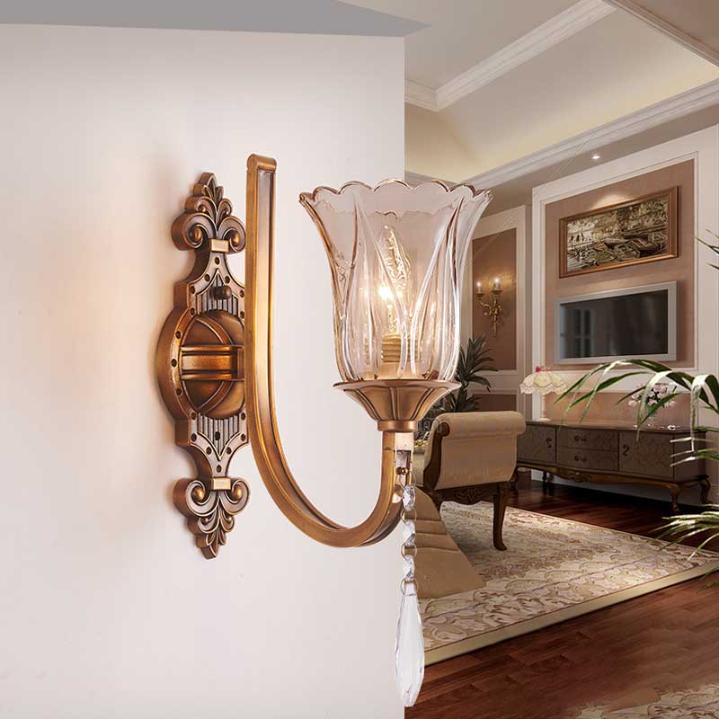 Sikunuo | Cognac Glass Flower Wall Mounted Light Vintage 1/2 Heads Brass Wall Light with Crystal Drops