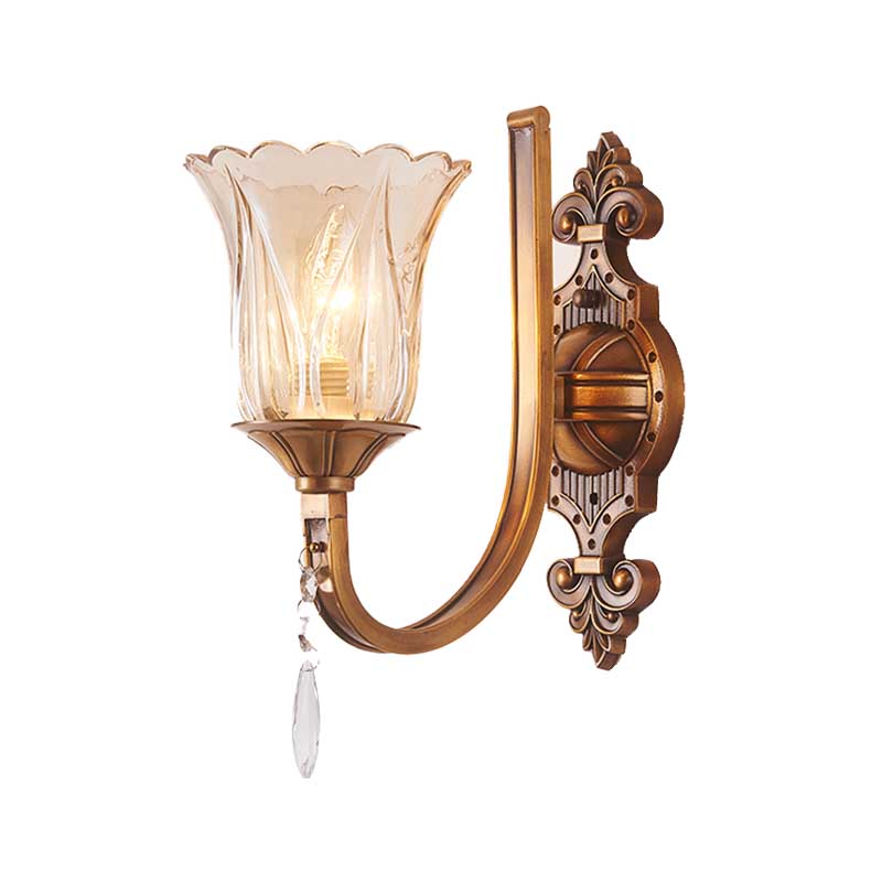 Sikunuo | Cognac Glass Flower Wall Mounted Light Vintage 1/2 Heads Brass Wall Light with Crystal Drops