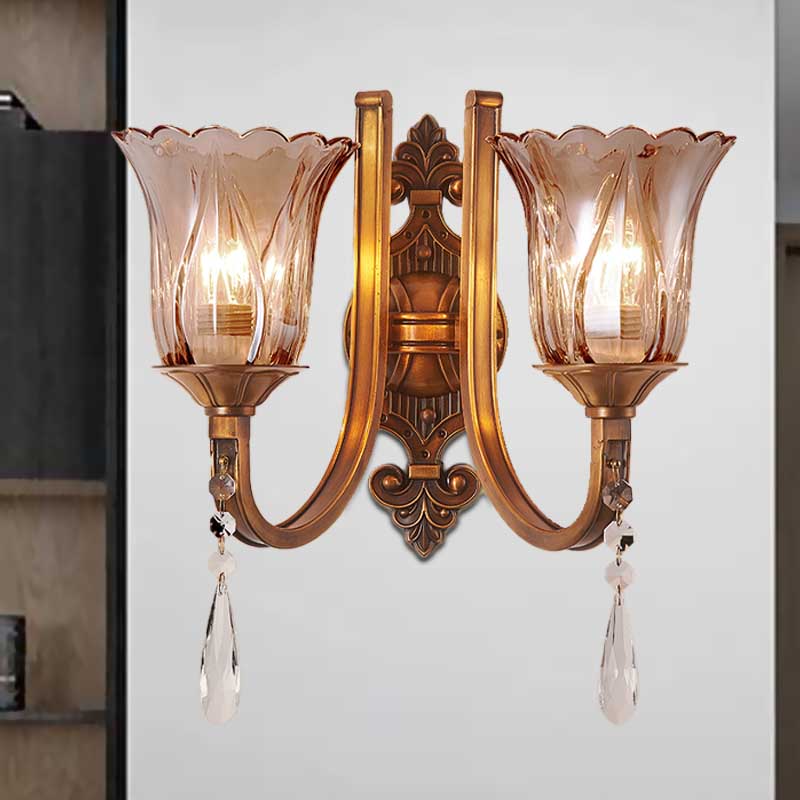 Sikunuo | Cognac Glass Flower Wall Mounted Light Vintage 1/2 Heads Brass Wall Light with Crystal Drops
