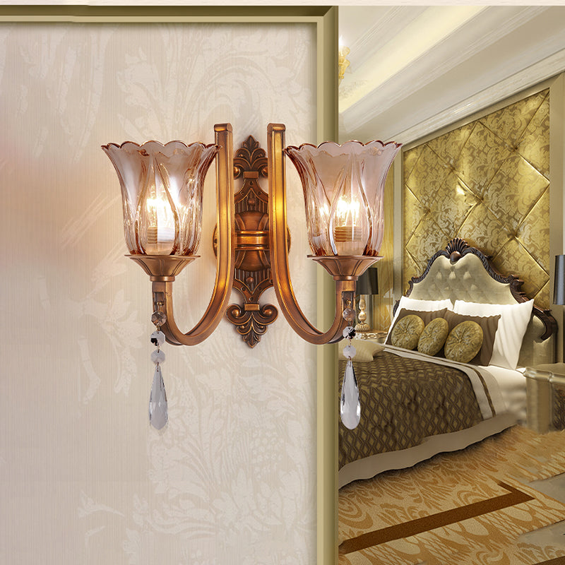 Sikunuo | Cognac Glass Flower Wall Mounted Light Vintage 1/2 Heads Brass Wall Light with Crystal Drops