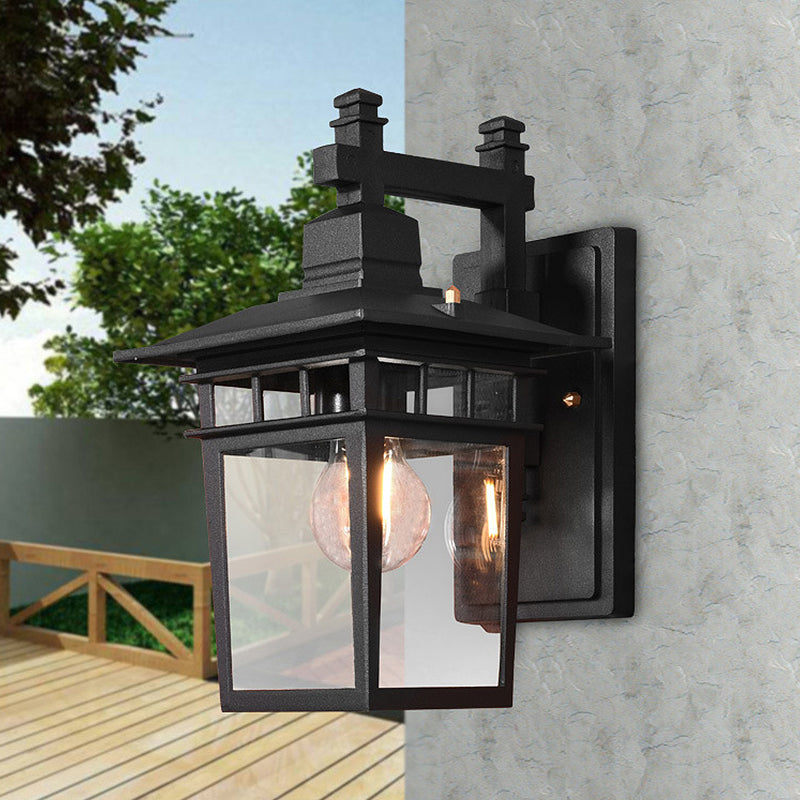 Sikunuo | Lantern Clear Glass Wall Hanging Lamp Industrial Single Bulb Veranda Wall Light in Black