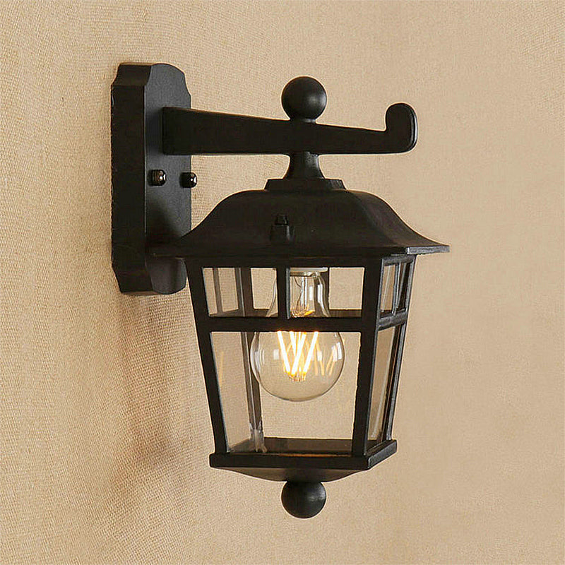 Sikunuo | Lantern Clear Glass Wall Hanging Lamp Industrial Single Bulb Veranda Wall Light in Black