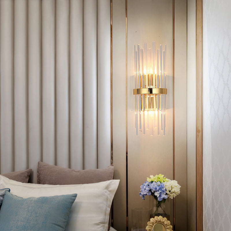 Sikunuo | Cylinder Wall Light Modern Three-Sided Crystal Rod 2 Heads Gold Wall Light