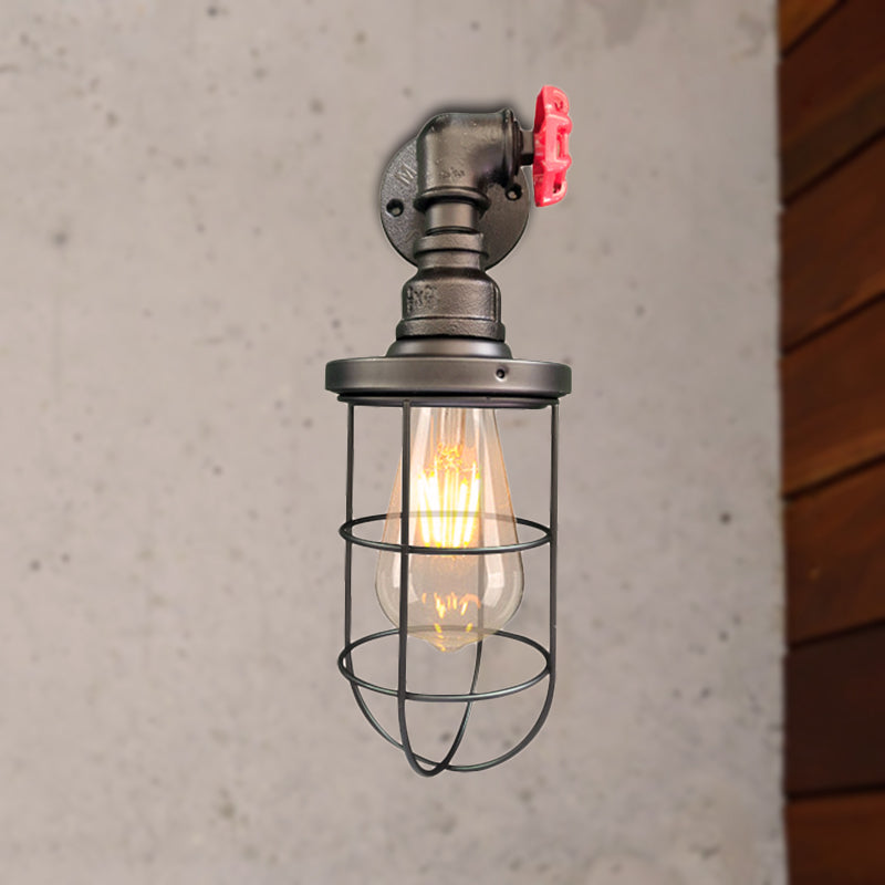 Sikunuo | Wire frame corridor wall lamp iron 1 head farmhouse wall lighting with red shade design in antique bronze/black