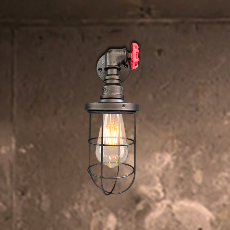 Sikunuo | Wire frame corridor wall lamp iron 1 head farmhouse wall lighting with red shade design in antique bronze/black