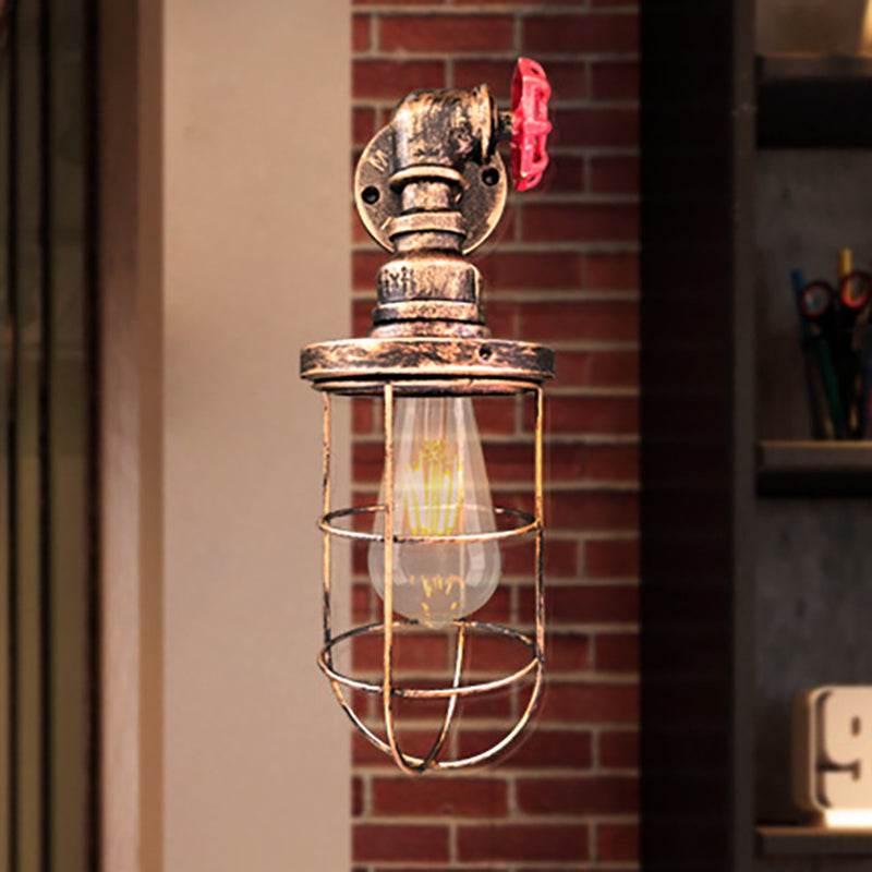 Sikunuo | Wire frame corridor wall lamp iron 1 head farmhouse wall lighting with red shade design in antique bronze/black