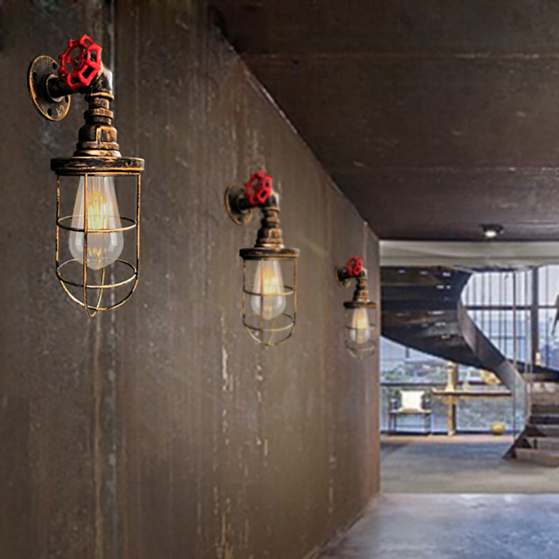 Sikunuo | Wire frame corridor wall lamp iron 1 head farmhouse wall lighting with red shade design in antique bronze/black