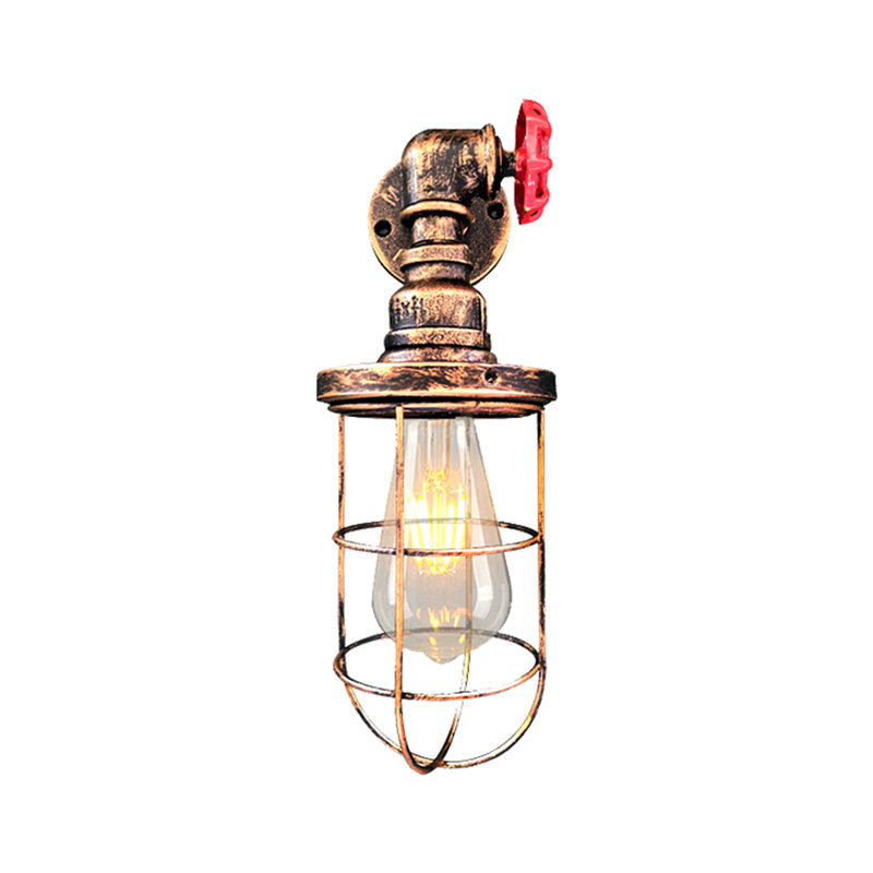 Sikunuo | Wire frame corridor wall lamp iron 1 head farmhouse wall lighting with red shade design in antique bronze/black