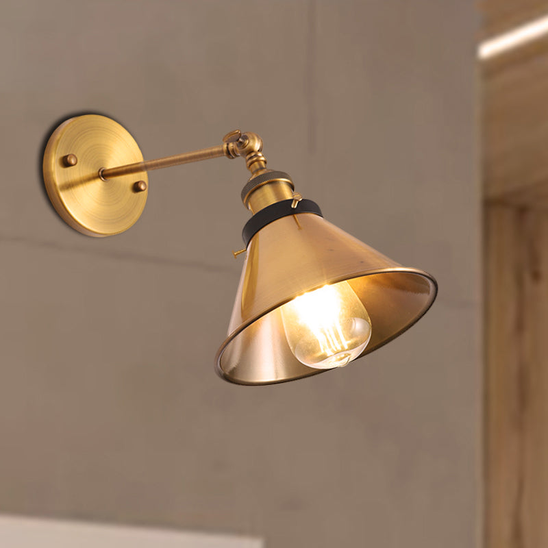 Sikunuo | Rotatable Barn/Cone Shade Wall Lamp Industrial Style Metal 1 Head Wall Lighting Fixture in Brass for Kitchen