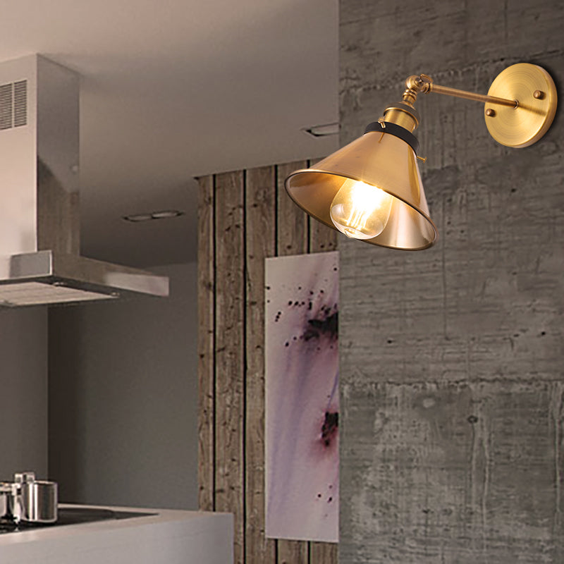 Sikunuo | Rotatable Barn/Cone Shade Wall Lamp Industrial Style Metal 1 Head Wall Lighting Fixture in Brass for Kitchen