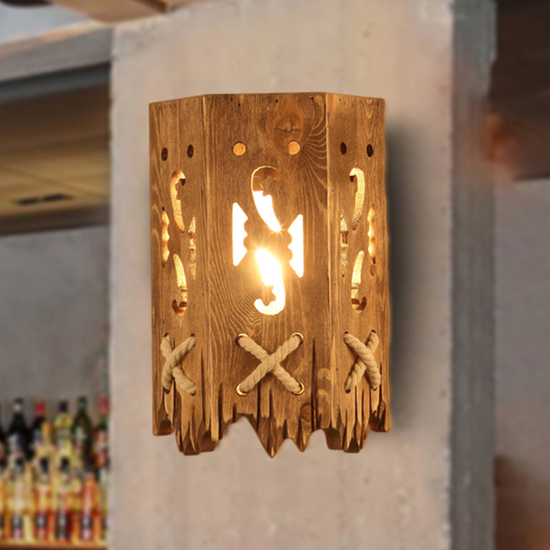 Sikunuo | Wood Cylinder Shade Wall Lamp Country Style 1 Head Brown Wall Light for Restaurant