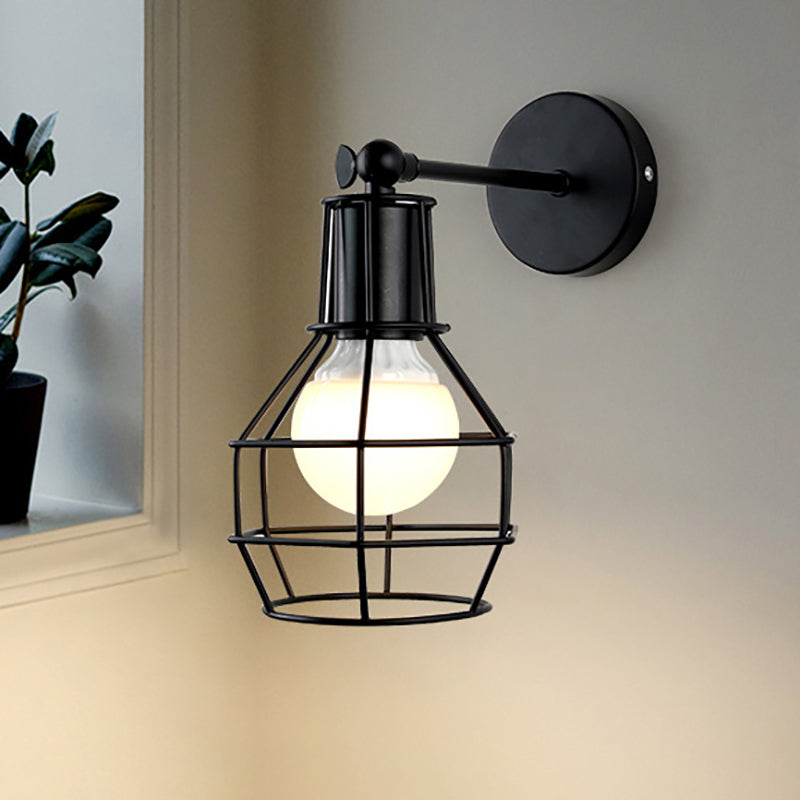Sikunuo | Globe Bedroom Wall Light Lamp Metal 1 Head Industrial Style Rotatable Wall Lamp with Wire Guard in Black