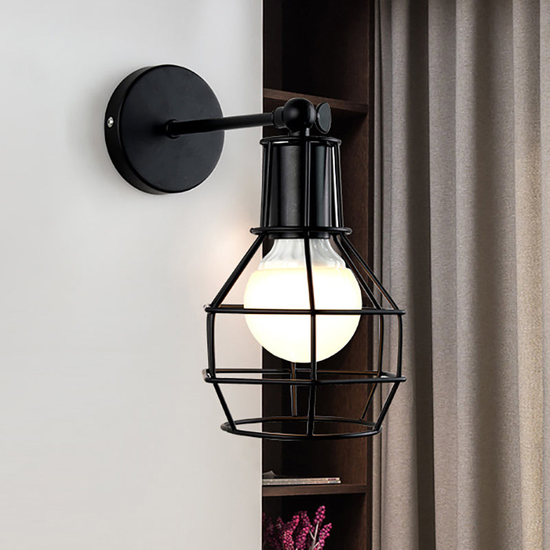 Sikunuo | Globe Bedroom Wall Light Lamp Metal 1 Head Industrial Style Rotatable Wall Lamp with Wire Guard in Black