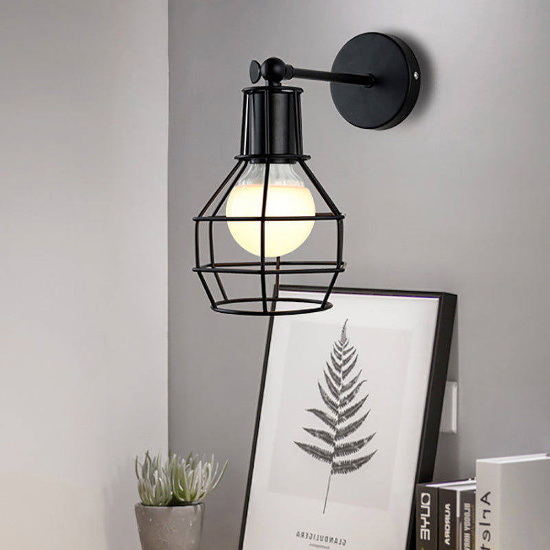 Sikunuo | Globe Bedroom Wall Light Lamp Metal 1 Head Industrial Style Rotatable Wall Lamp with Wire Guard in Black