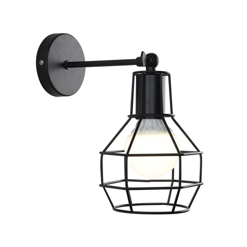Sikunuo | Globe Bedroom Wall Light Lamp Metal 1 Head Industrial Style Rotatable Wall Lamp with Wire Guard in Black