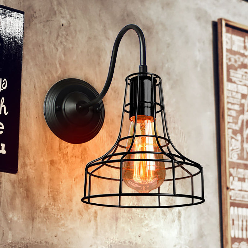 Sikunuo | Metal Shed Wall Lamp Industrial Style 1 Lamp Black Wall Mounted Lamp with Wire Frame and Gooseneck Arm
