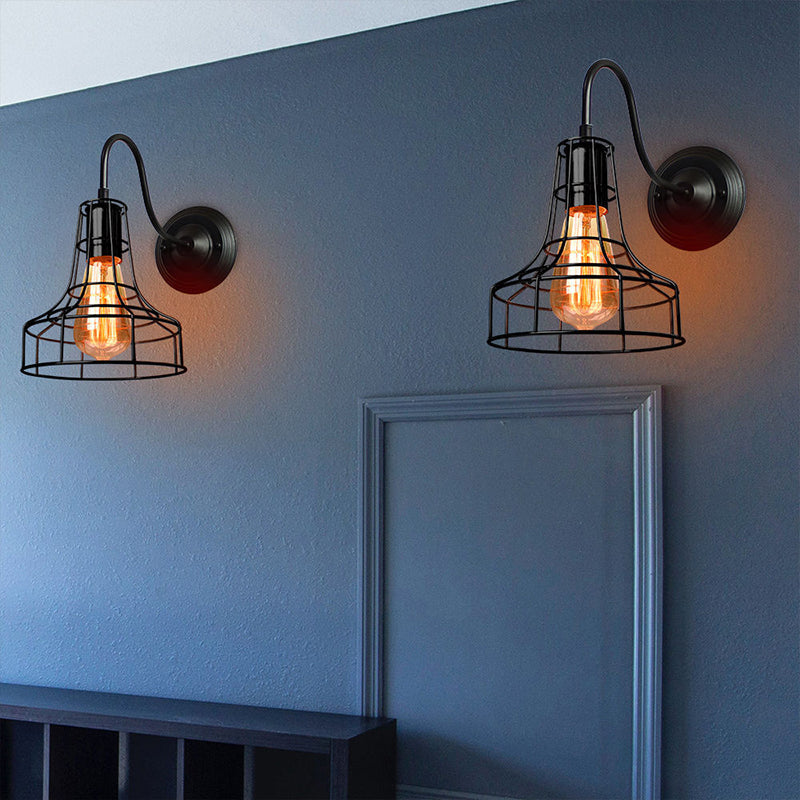 Sikunuo | Metal Shed Wall Lamp Industrial Style 1 Lamp Black Wall Mounted Lamp with Wire Frame and Gooseneck Arm