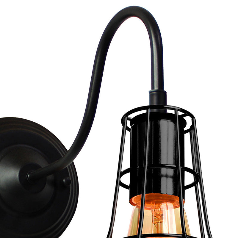 Sikunuo | Metal Shed Wall Lamp Industrial Style 1 Lamp Black Wall Mounted Lamp with Wire Frame and Gooseneck Arm