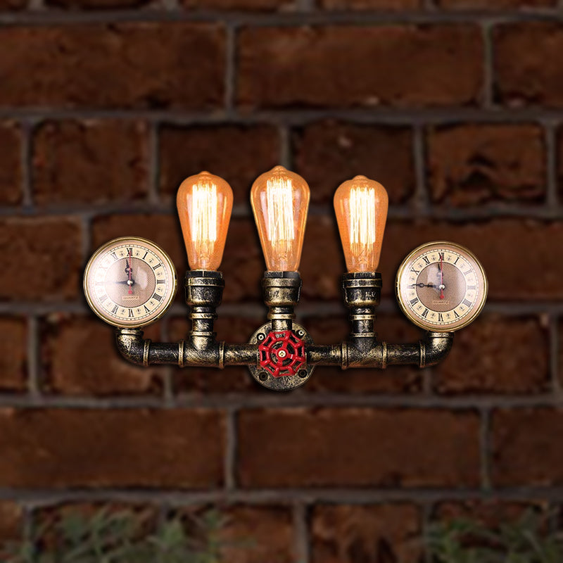 Sikunuo | Antique Brass Pipe Wall Lamp Rustic Stylish 3 Heads Wrought Iron Wall Lamp Fixture with Manometer and Valve Deco