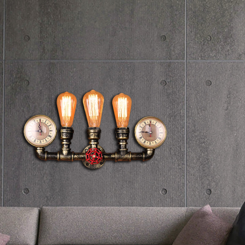 Sikunuo | Antique Brass Pipe Wall Lamp Rustic Stylish 3 Heads Wrought Iron Wall Lamp Fixture with Manometer and Valve Deco